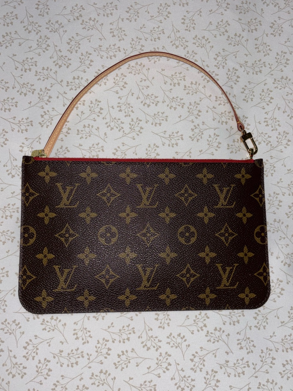 Louis Vuitton Brown Monogram Canvas Wristlet with Red Interior